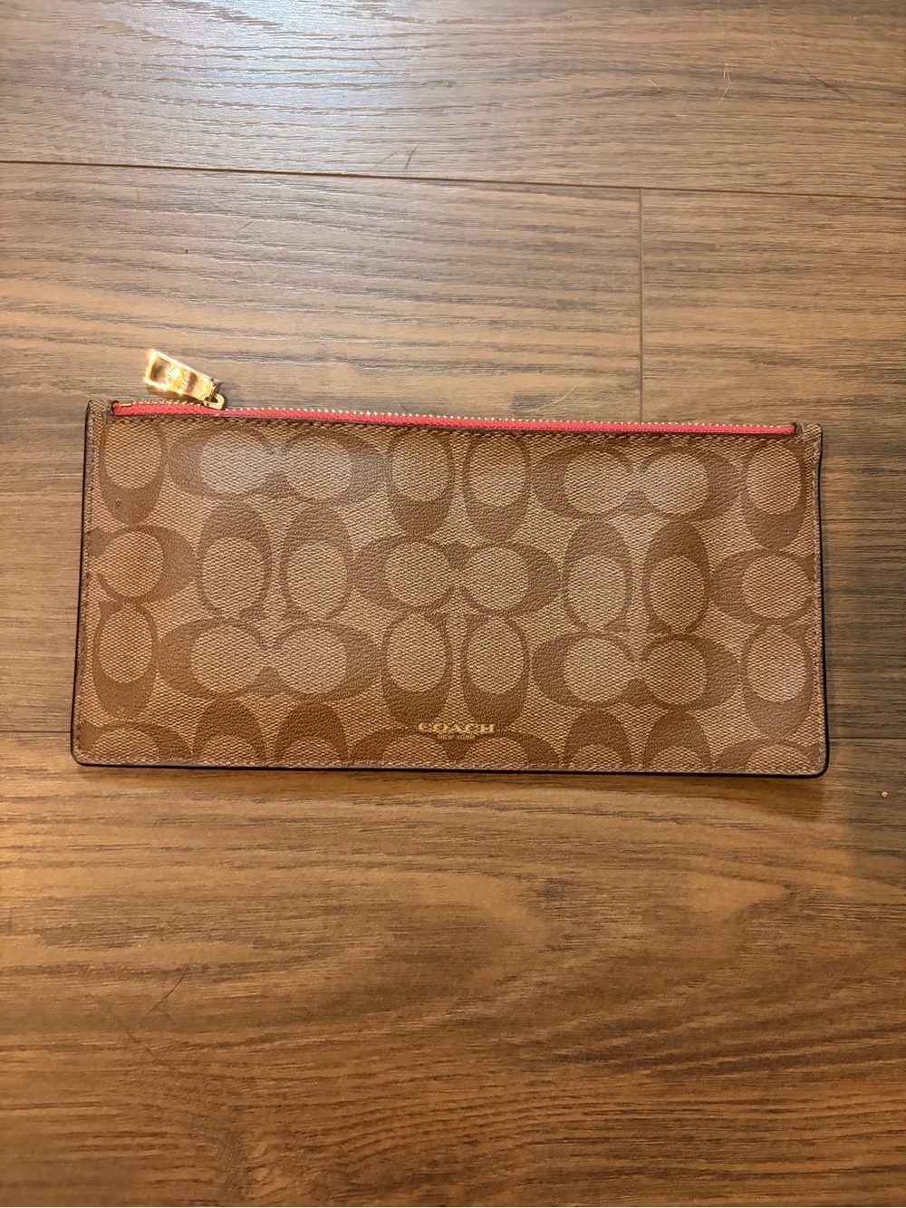 Coach Brown Signature Canvas Zip Pouch with Pink Trim